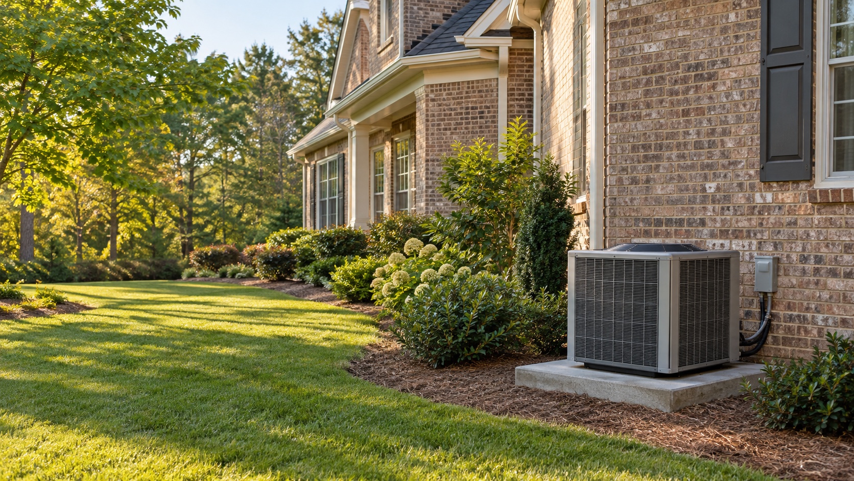 Illustrative residential scene with outdoor cooling equipment